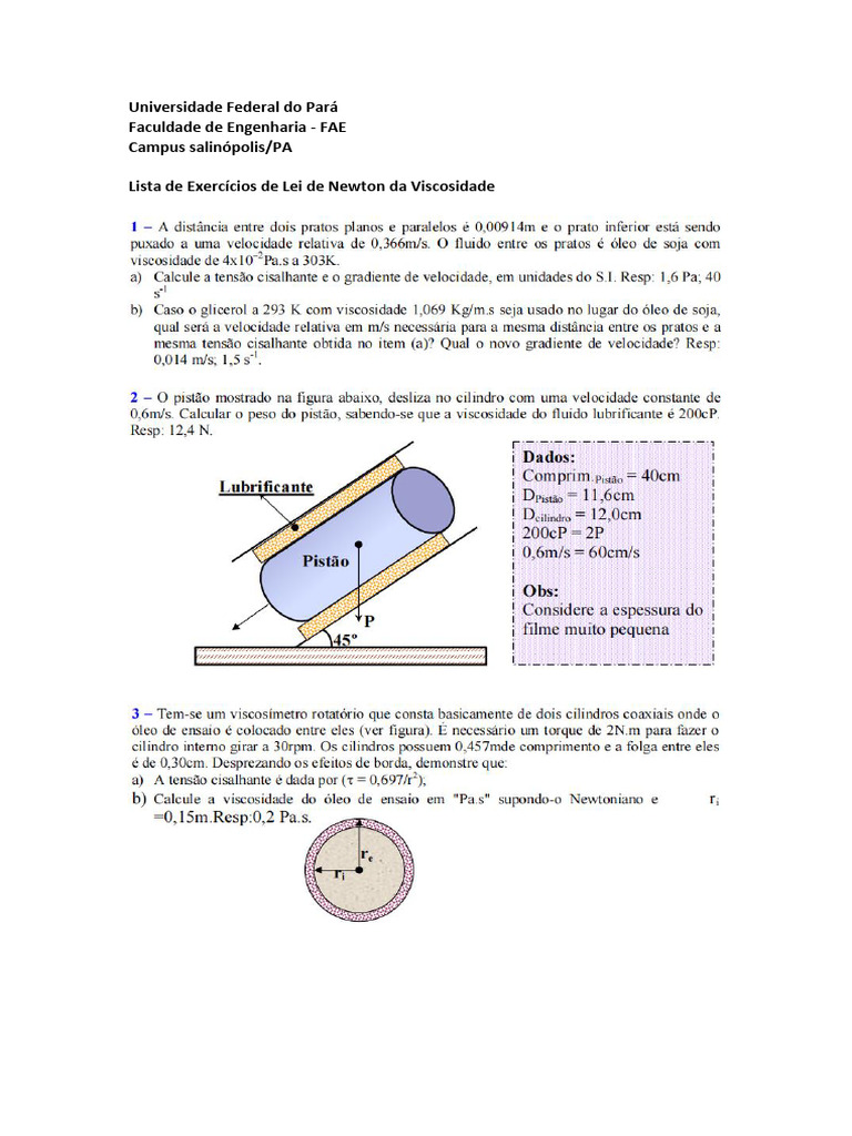 Lista de Exercícios de Lei de Newton Da Viscosidade | PDF