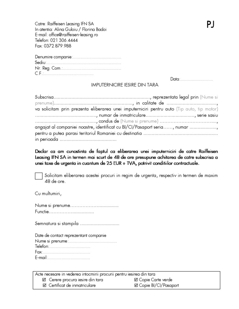 Formular Imputernicire Iesire Din Tara PJ Mai 2011