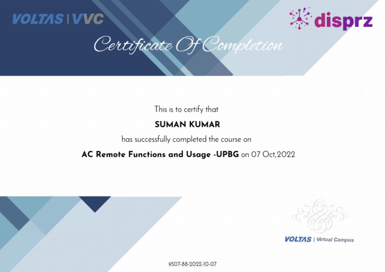 Certificate-Ac Remote Functions and Usage - Upbg-Suman Kumar | PDF