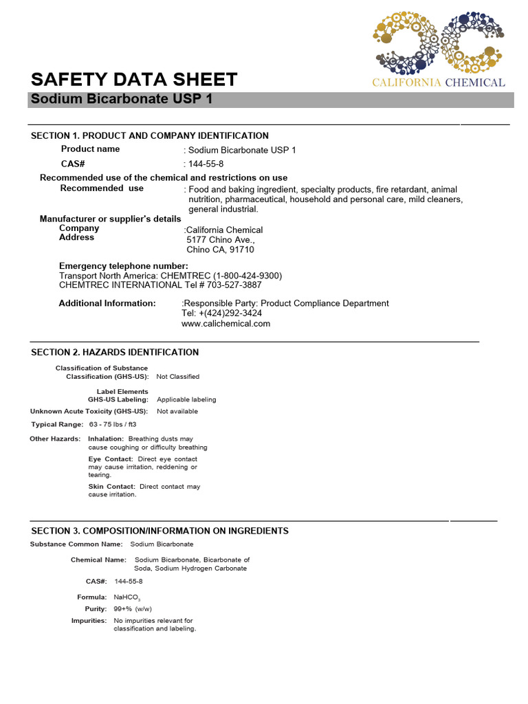 CC-Sodium Bicarbonate USP 1-SDS. | PDF | Sodium Bicarbonate | Toxicity
