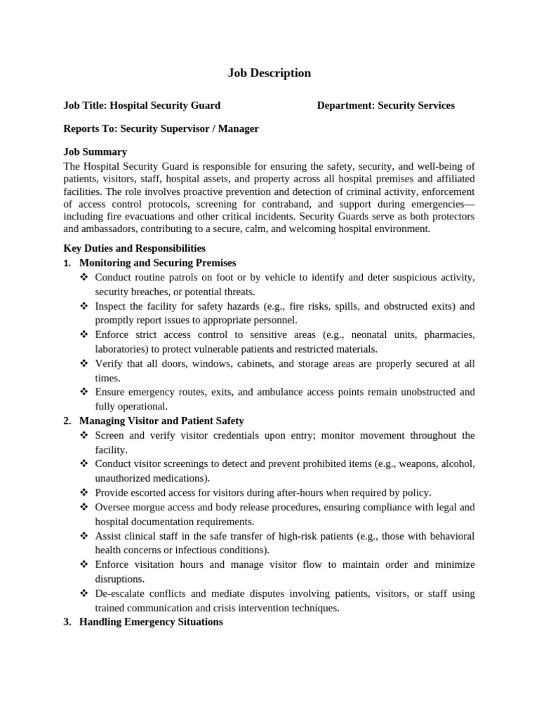 Job Descriptio Security Guard 1 | PDF | Security Guard | Emergency