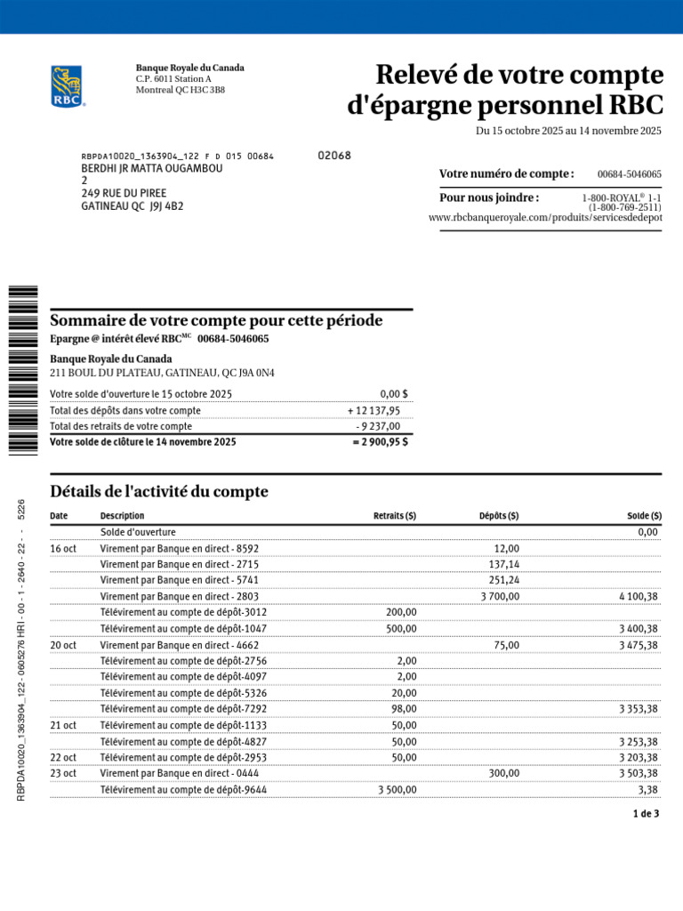 Relevé de Votre Compte D'épargne Personnel RBC | PDF | Argent ...