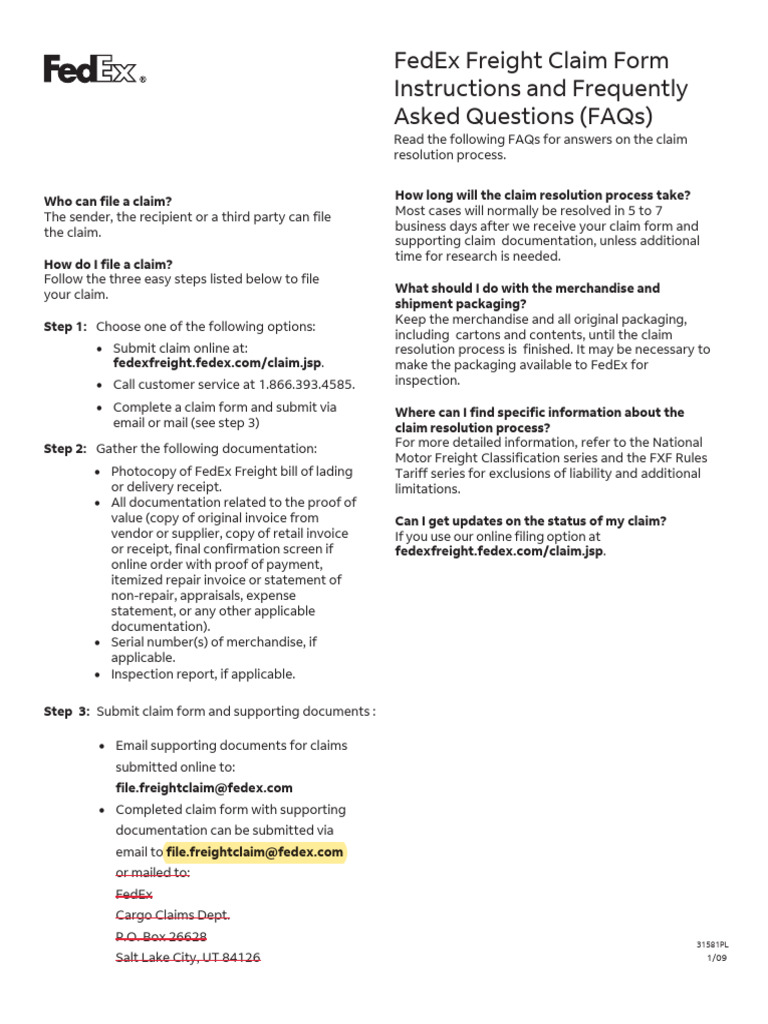 Fedex Freight Claim Form Instructions and Frequently Asked Questions ...