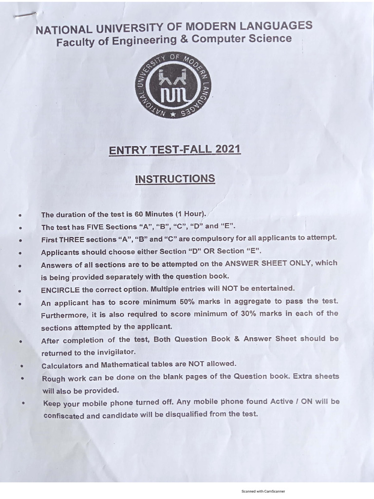 Numl CS and Engineering Entry Test Paper | PDF