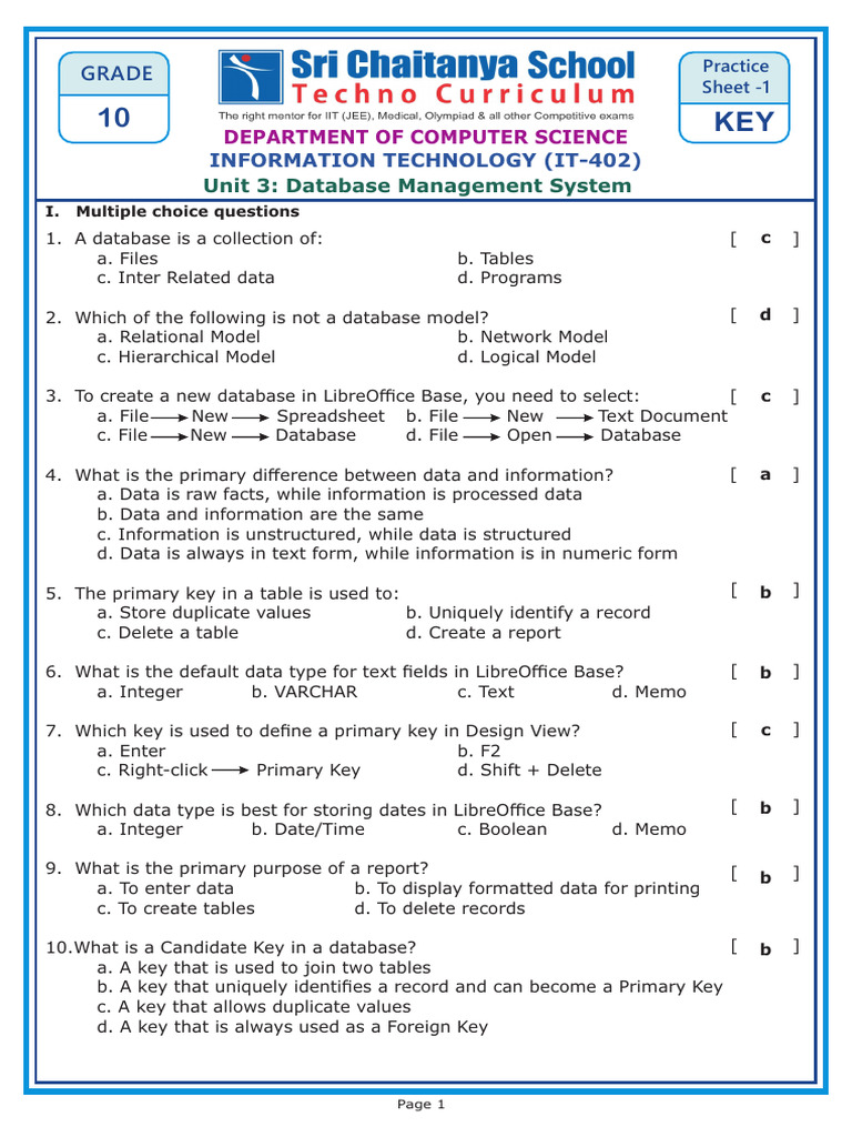 Grade X IT Part B-Unit 3-Practice Sheet 1 Key | PDF | Databases | Table ...