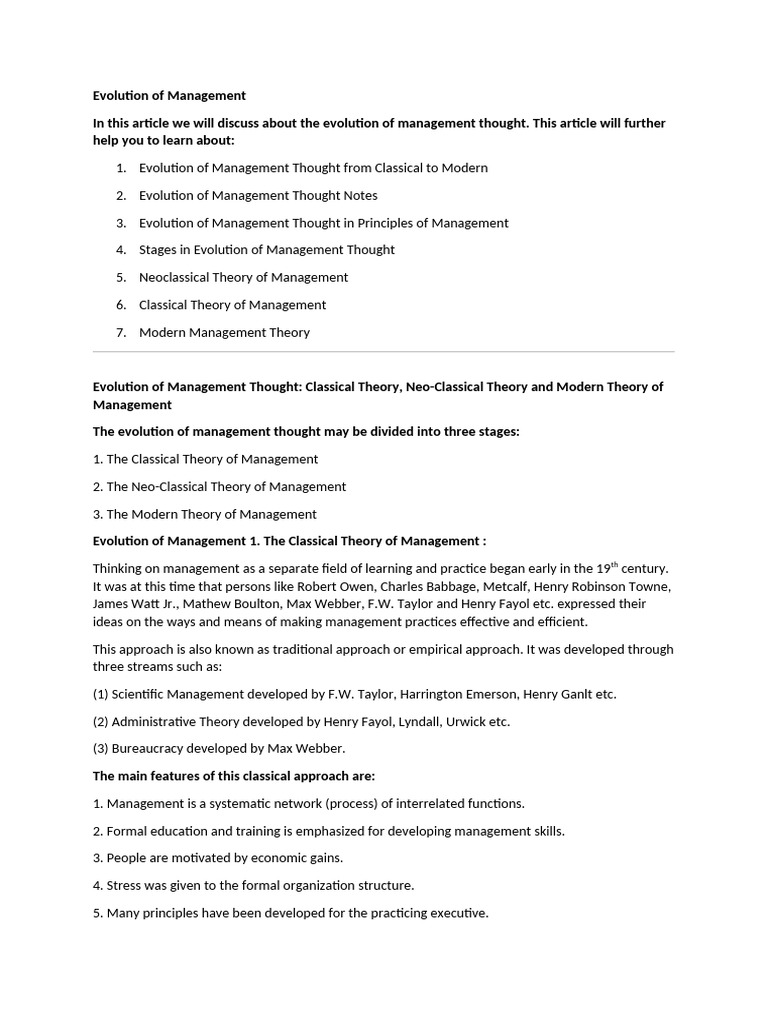 Evolution of Management Thought | PDF | System | Business