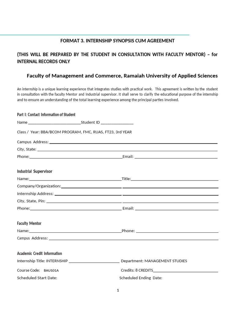 Format 3 Internship Synopsis Cum Agreemnt | PDF | Internship | Job Hunting