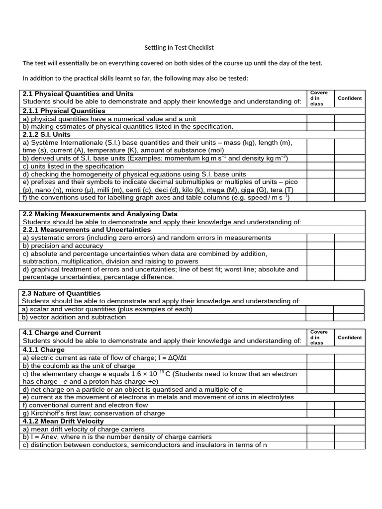 Settling in Test Checklist | PDF | Electric Current | Electric Charge