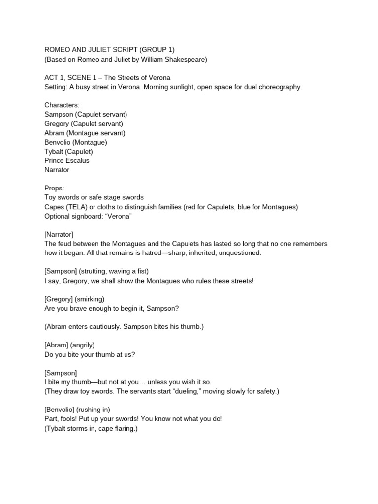 Romeo and Juliet Script Group 1 | PDF | Characters In Romeo And Juliet ...