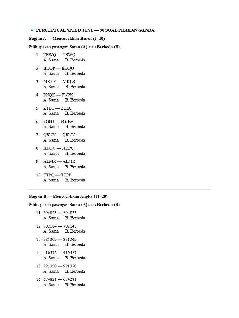 Perceptual Speed Test | PDF