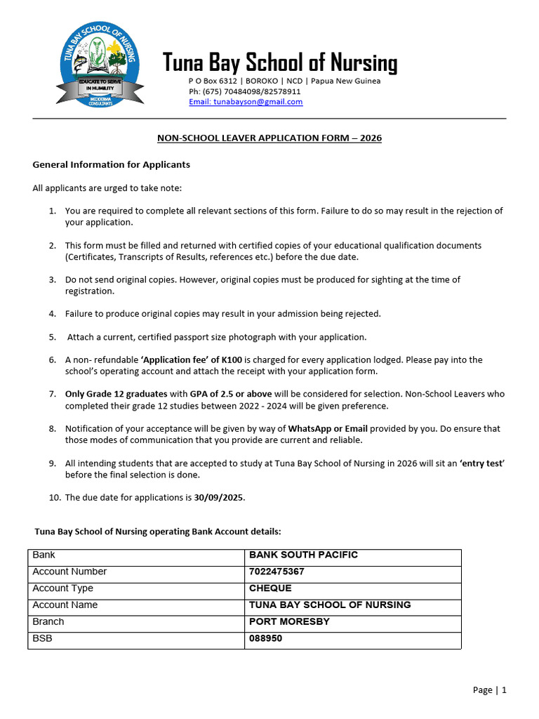 2026 Application Form - Tuna Bay School of Nursing | PDF