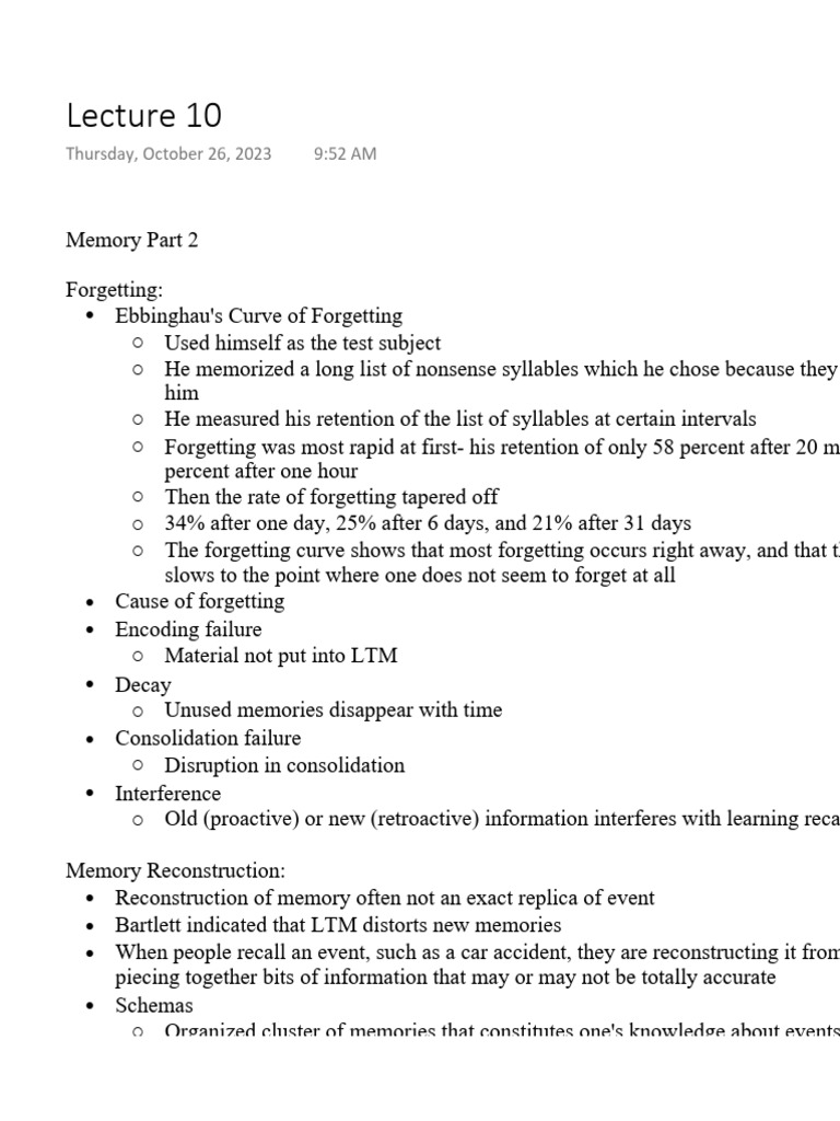 Lecture 10 Psyc 1000 Notes | PDF | Schema (Psychology) | Memory