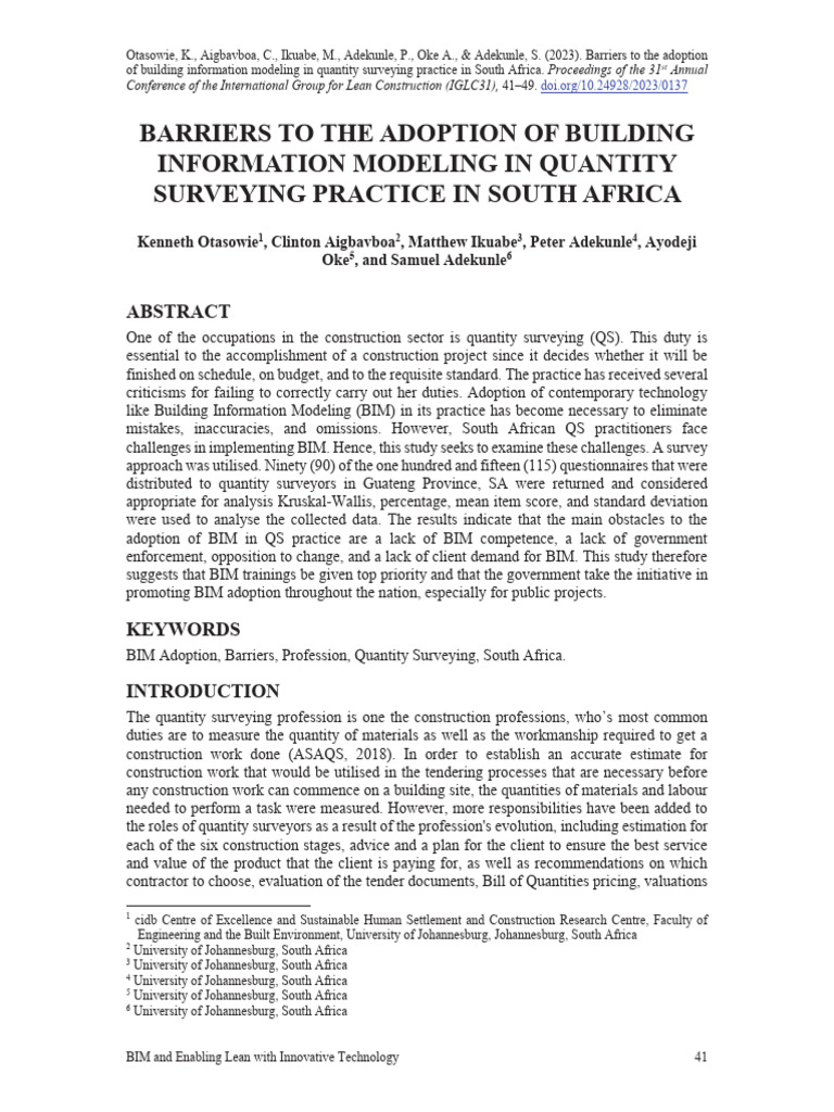 Otasowie Et Al. 2023 - Barriers To The Adoption of Building Information ...