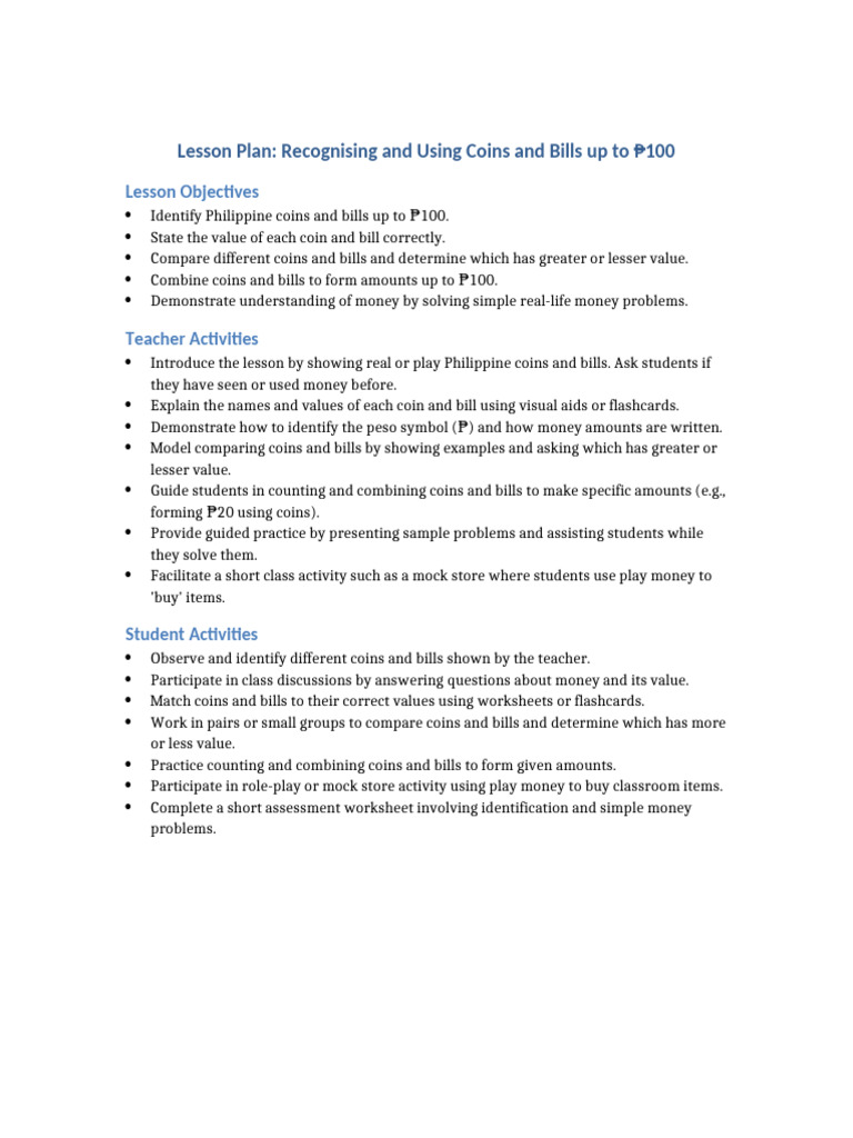 Lesson Objectives Teacher Student Activities Money-2 | PDF