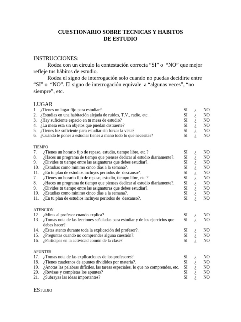 Cuestionario de Habitos Estudio | PDF