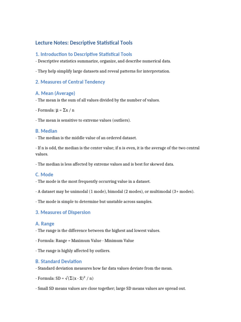 Lecture Notes Descriptive Statistical Tools | PDF