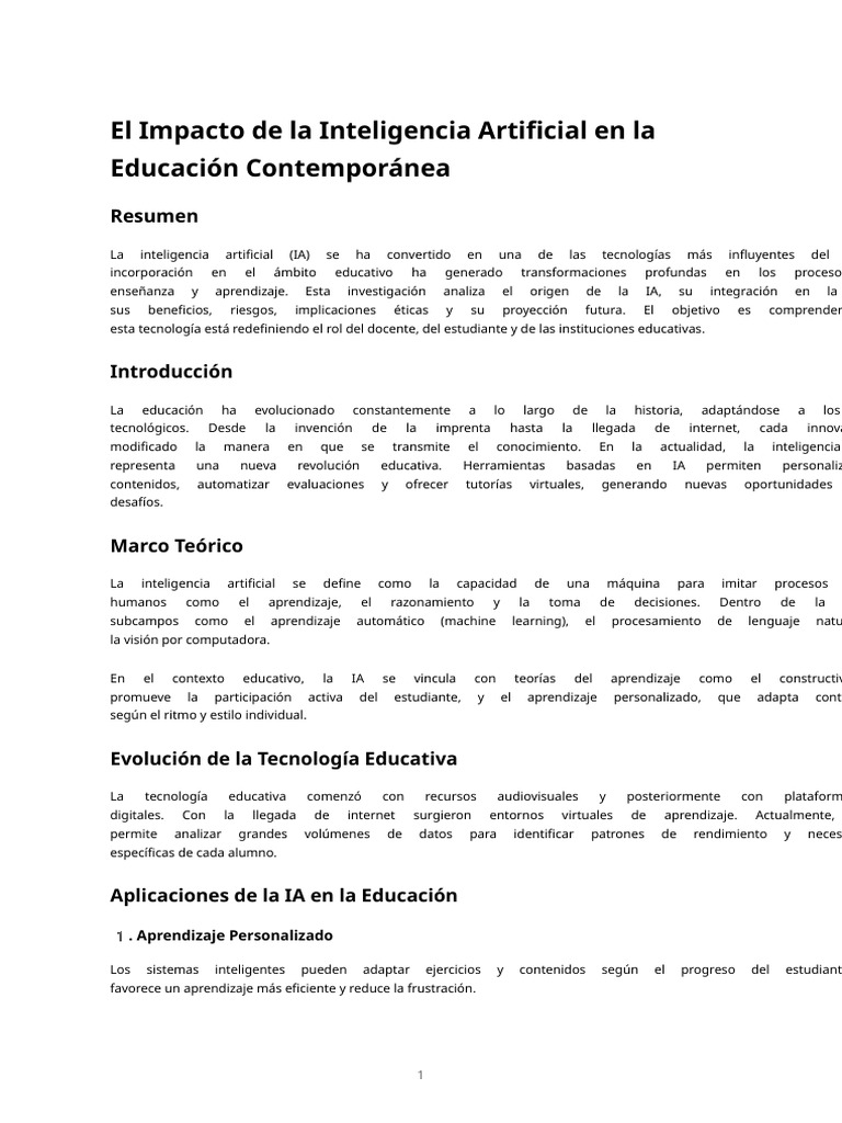 Investigacion Impacto Inteligencia Artificial en La Educacion | PDF ...