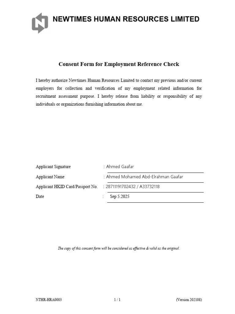 Offshore - Consent Form For Employment Reference Check. | PDF