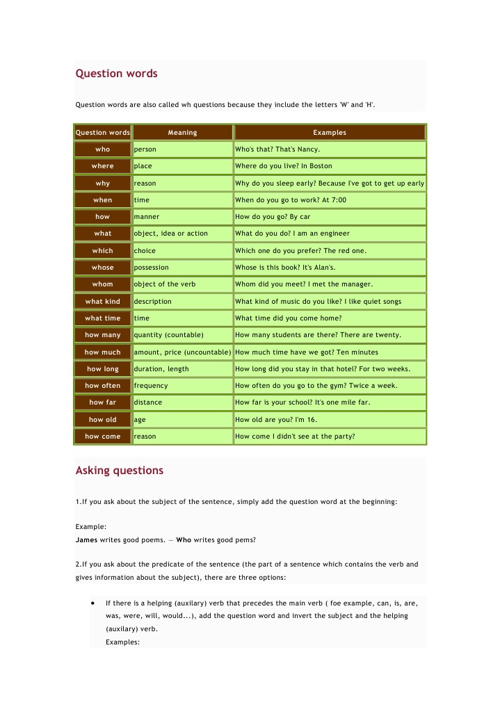 Question Words Question Verb