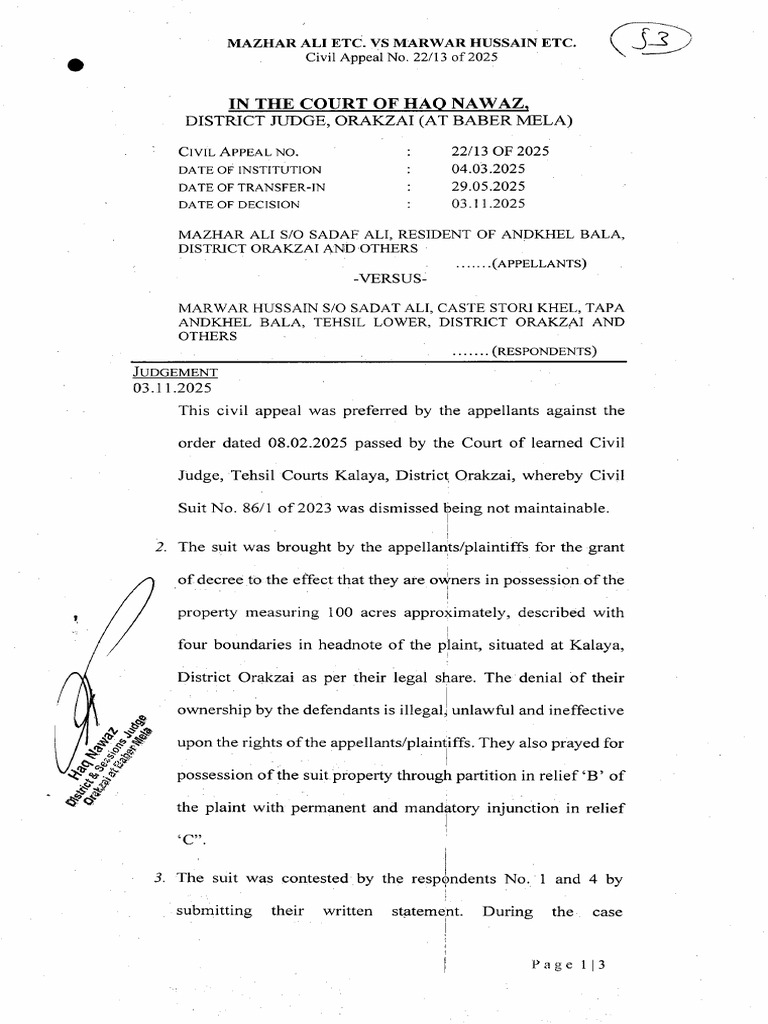296 Mazhar Ali Etc Vs Marwar Husain Etc Civil Appeal | PDF | Lawsuit ...