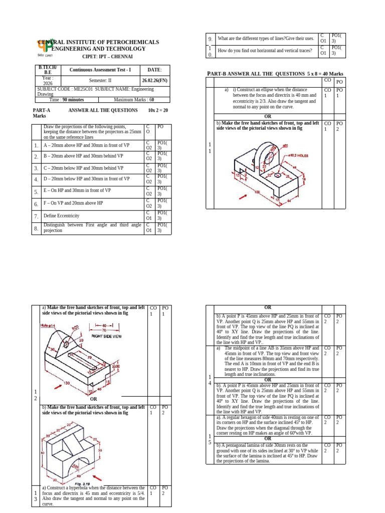 ME25C01-Engineering Drawing-CAT I Question Paper 2026 | PDF