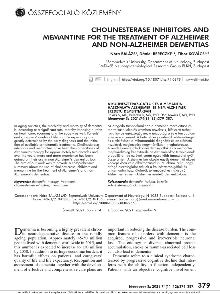 Cholinesterase Inhibitors and Memantine For The Treatment of Alzheimer ...