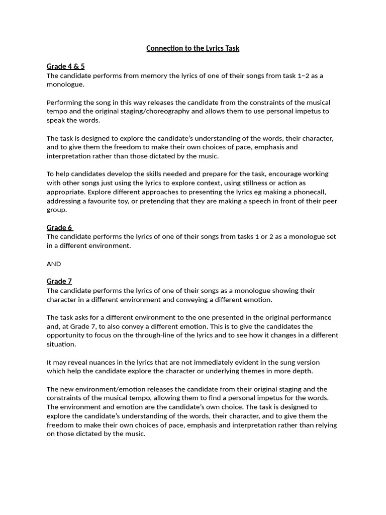 Trinity Exams - Connection To The Lyrics Task | PDF | Psychology ...
