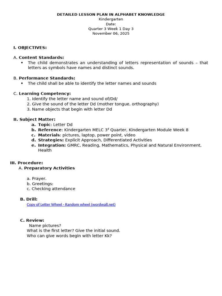 I. Objectives: Content Standards:: Detailed Lesson Plan in Alphabet ...
