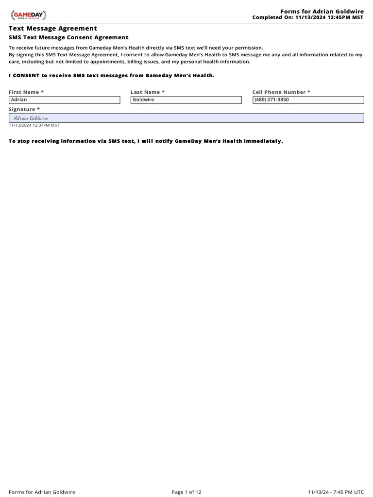 Text Message Agreement Text Message Agreement: Adrian Goldwire | PDF ...