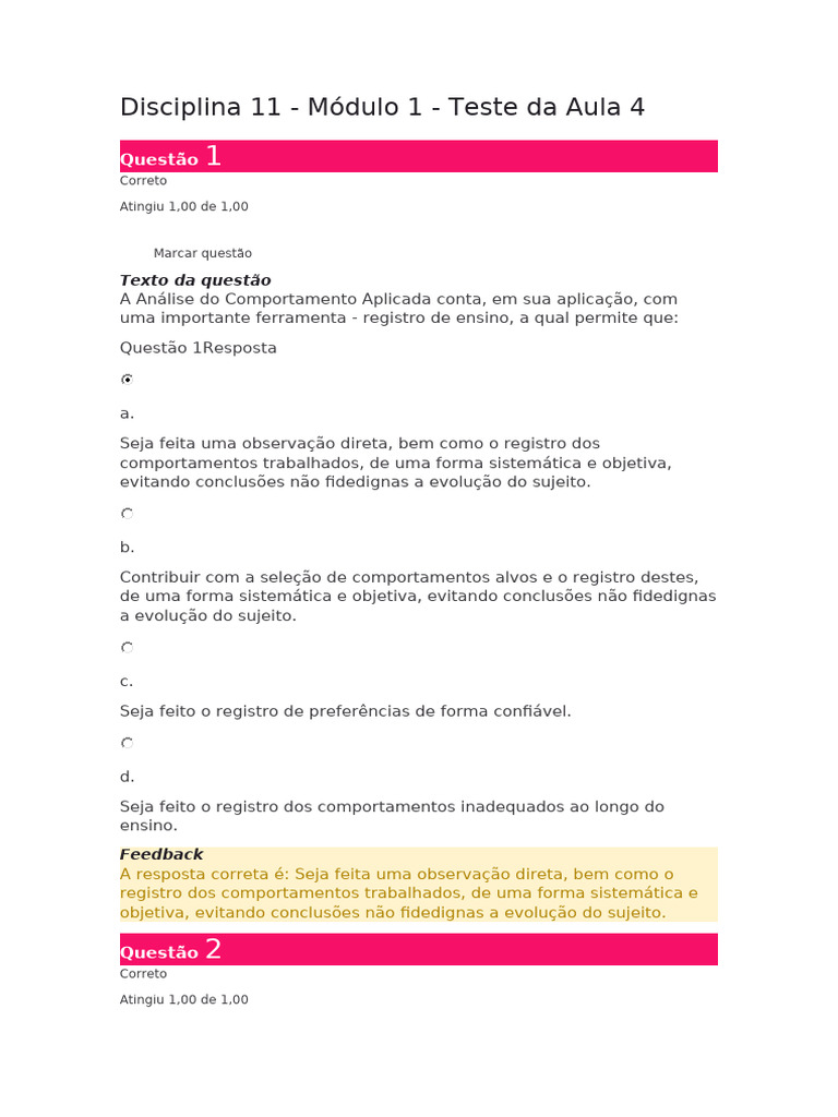 Disciplina 11 - Módulo 1 - Teste Da Aula 4 | PDF | Aprendizado ...