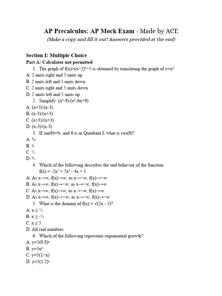 AP Precalculus - AP Exam Practice Test | PDF | Function (Mathematics ...