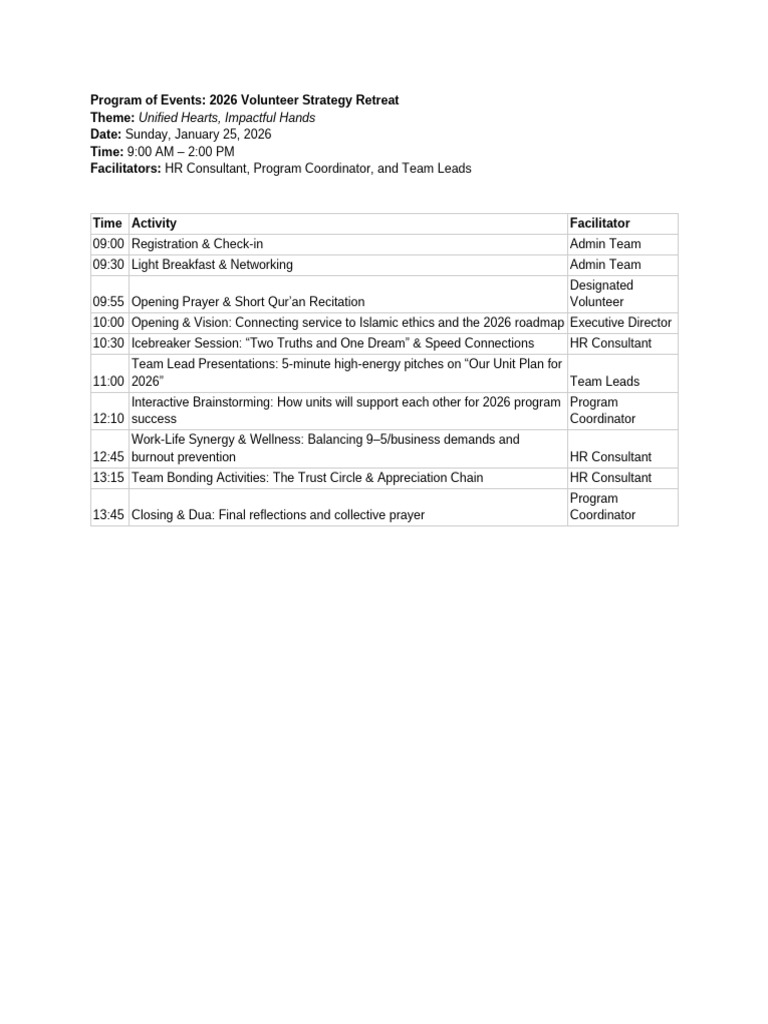 Program of Events - 2026 Volunteer Strategy Retreat | PDF