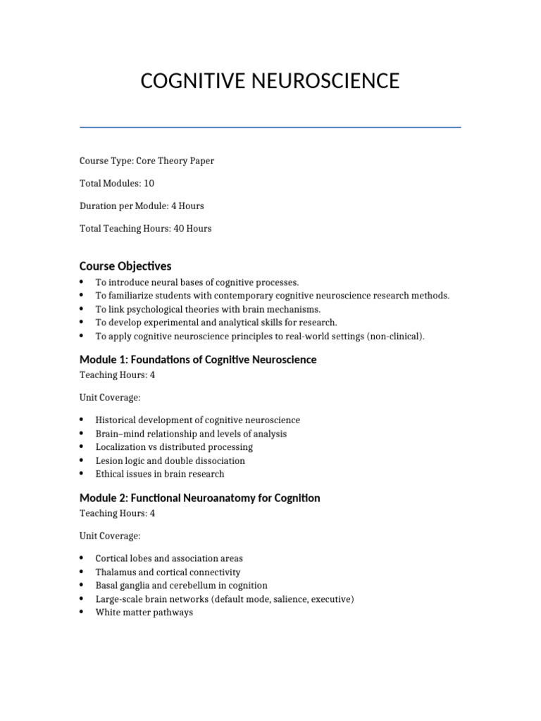 Cognitive Neuroscience Syllabus | PDF | Cognition | Cognitive Neuroscience