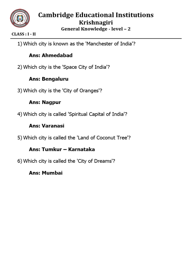 GK Level - 2 (Grade - 1&2) | PDF