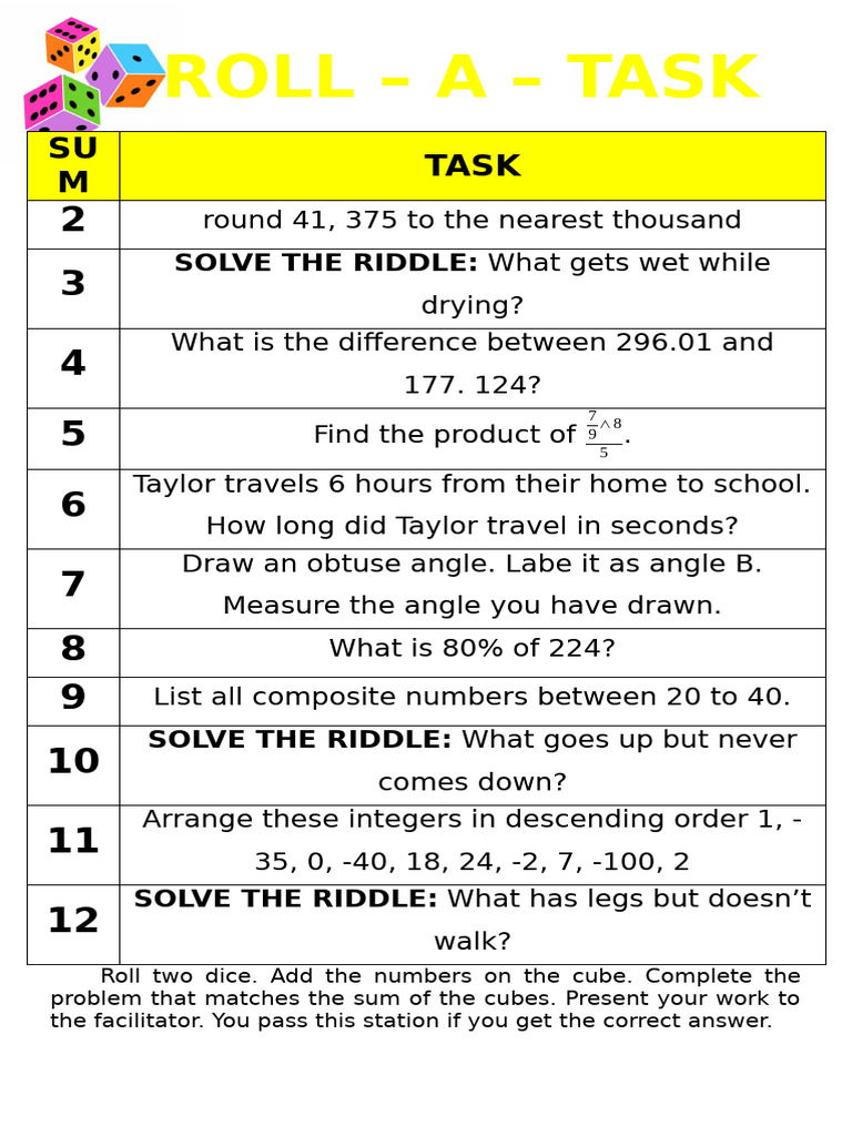 Roll A Task Mat Station Game | PDF