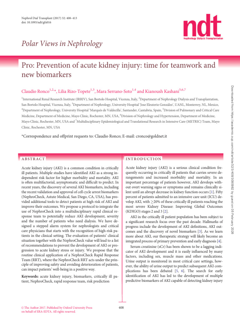 Pro - Prevention of Acute Kidney Injury - Time For Teamwork and New ...