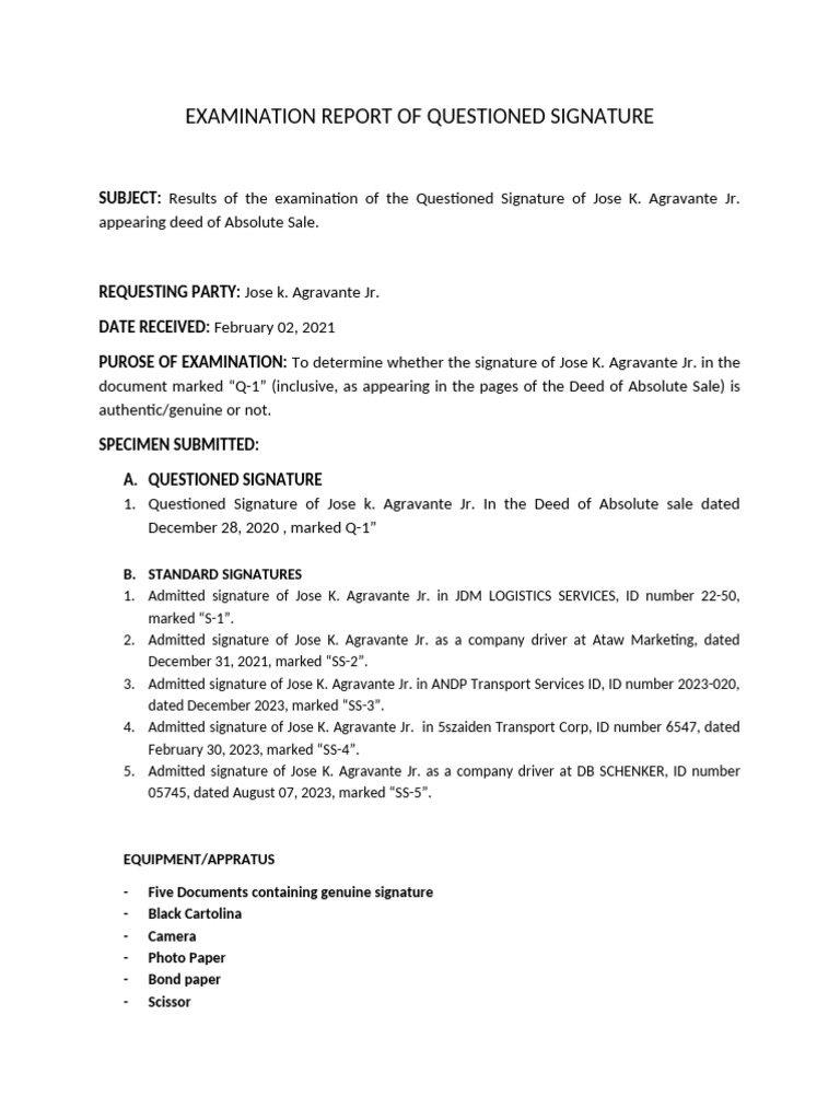 Examination Report of Questioned Signature | PDF | Chess Theory | Chess