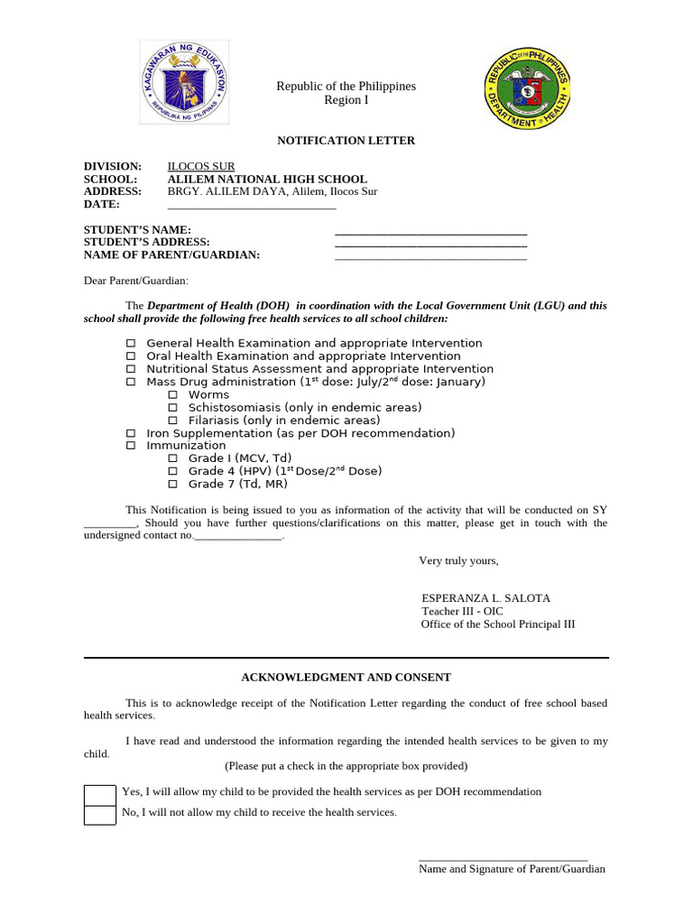 Notification DOH DepED Revised CONSENT FORM | PDF | Health Policy ...