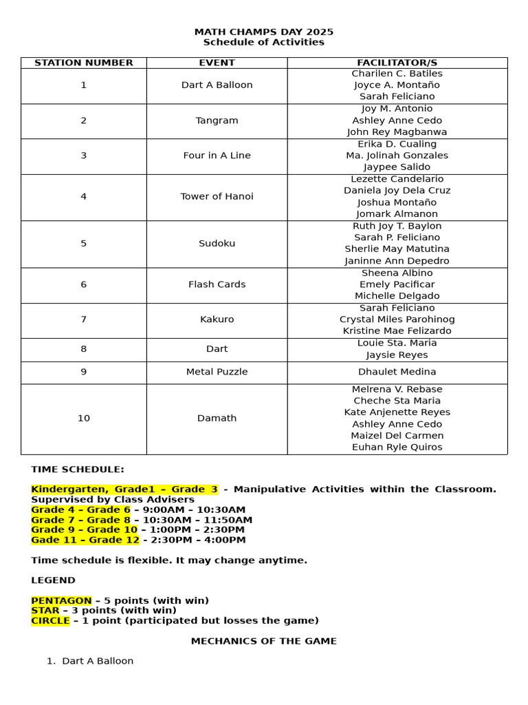 Schedule of Activities | PDF | Chess Openings | Chess Theory