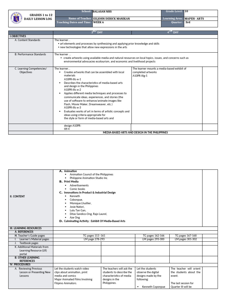 Matatag DLL Arts g10 q3 w2 | PDF | Learning | Comic Book