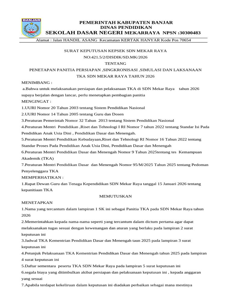 SK Tka SDN Mekar Raya 2026 | PDF