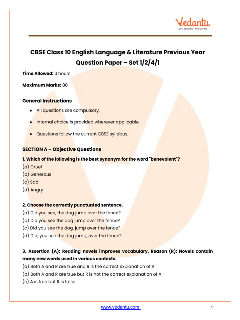 CBSE Class 10 English Question Paper Set 1, 2, 4 (2025) PDF With ...