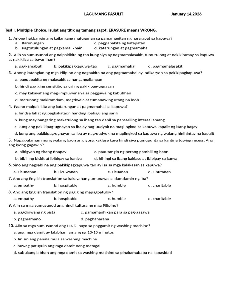 ESP 7 3RD Summative Test January 14,2026 | PDF