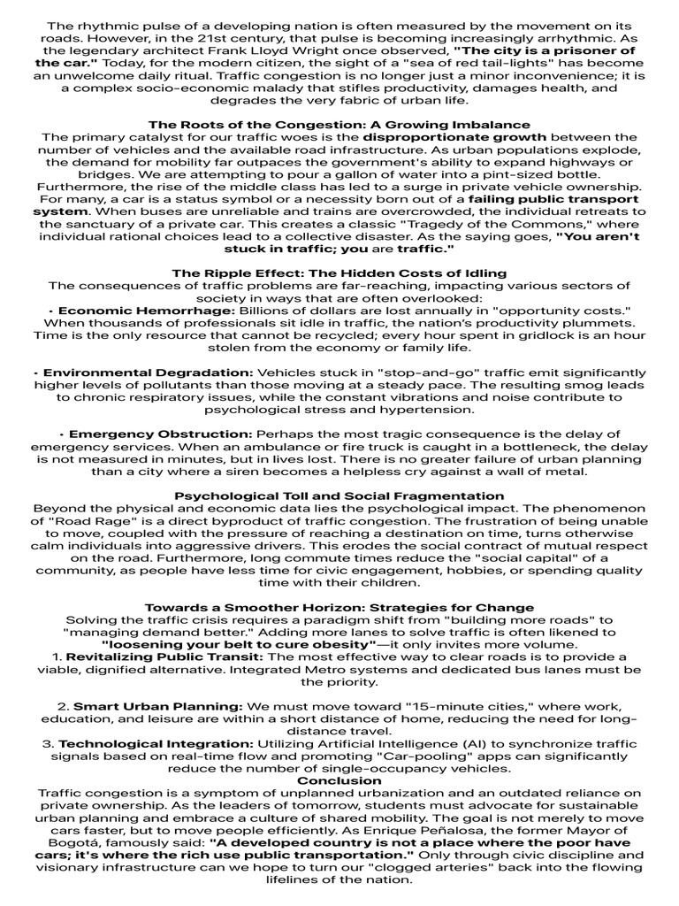 Traffic Problems-Essay | PDF | Traffic Congestion | Traffic