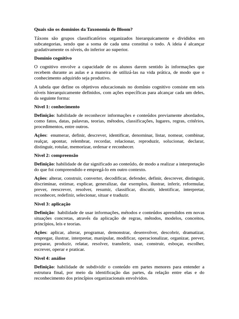 Quais São Os Domínios Da Taxonomia de Bloom | PDF | Informação | Definição