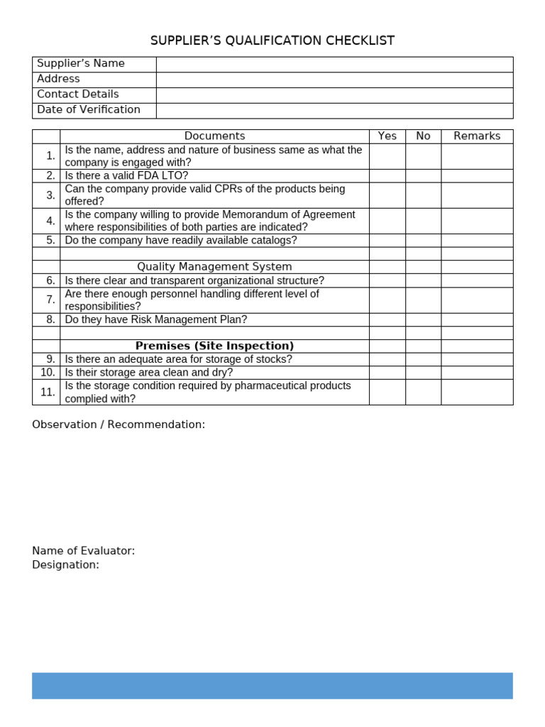 Suppliers Qualification Checklist | PDF