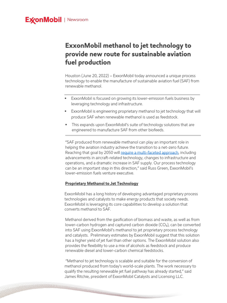 Exxonmobil Sustainable Aviation Fuel Production en | PDF | Methanol ...