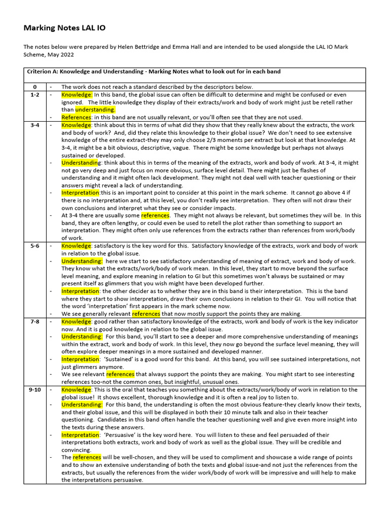 Lal Io Marking Notes May 2022 Final Version Copy-1-1 | PDF | Vocabulary ...