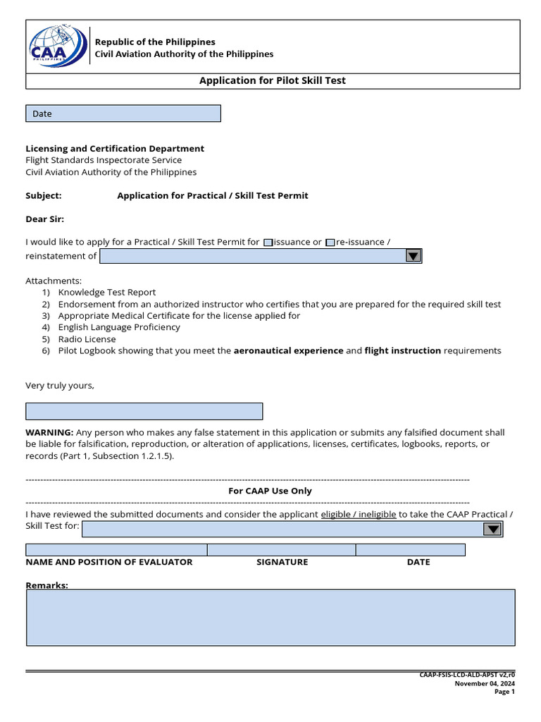 LCD Form 003A Application For Practical Skill Test Permit Flight Crew | PDF