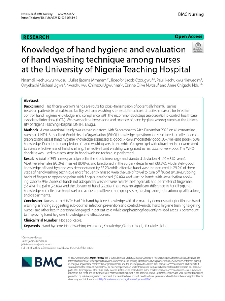 Knowledge of Hand Hygiene and Evaluation of Hand Washing Technique ...